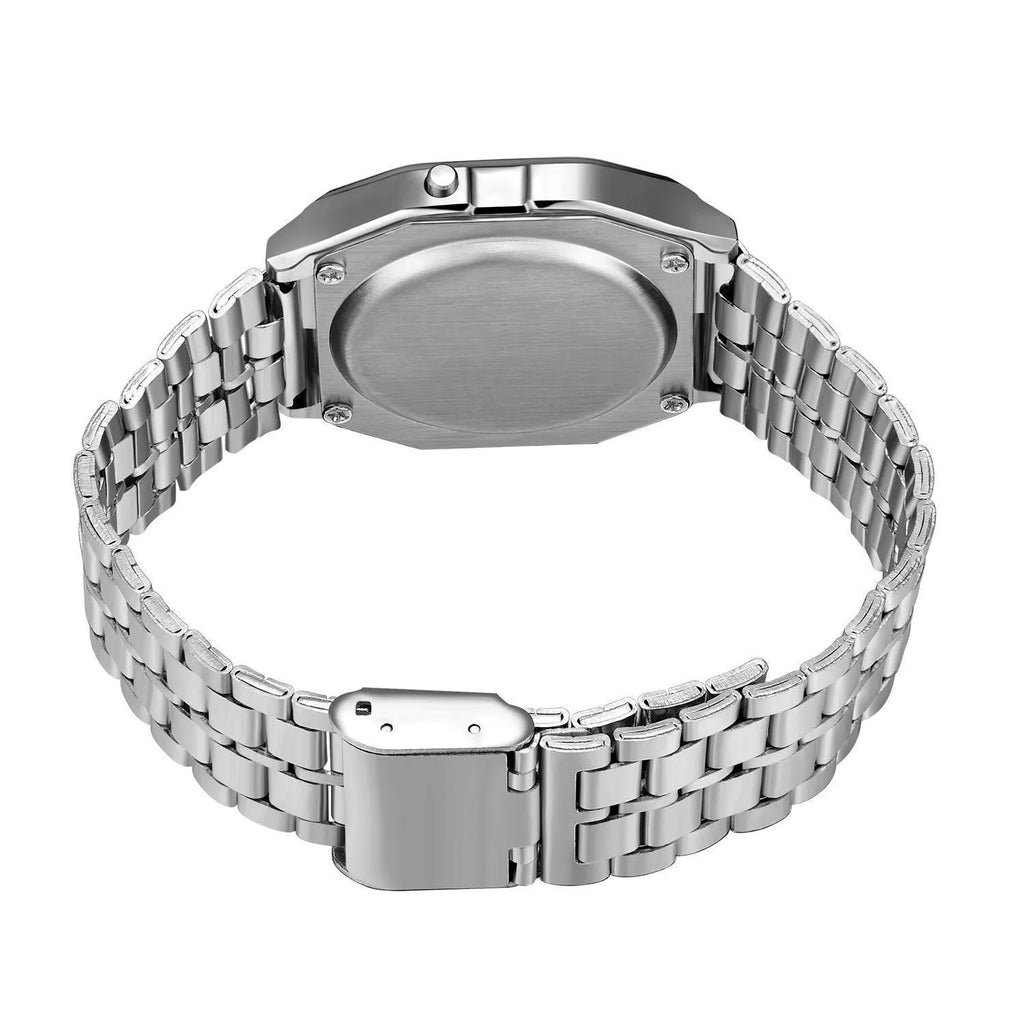 WR F91W steel band electronic watch with square dial and number display on stainless steel strap