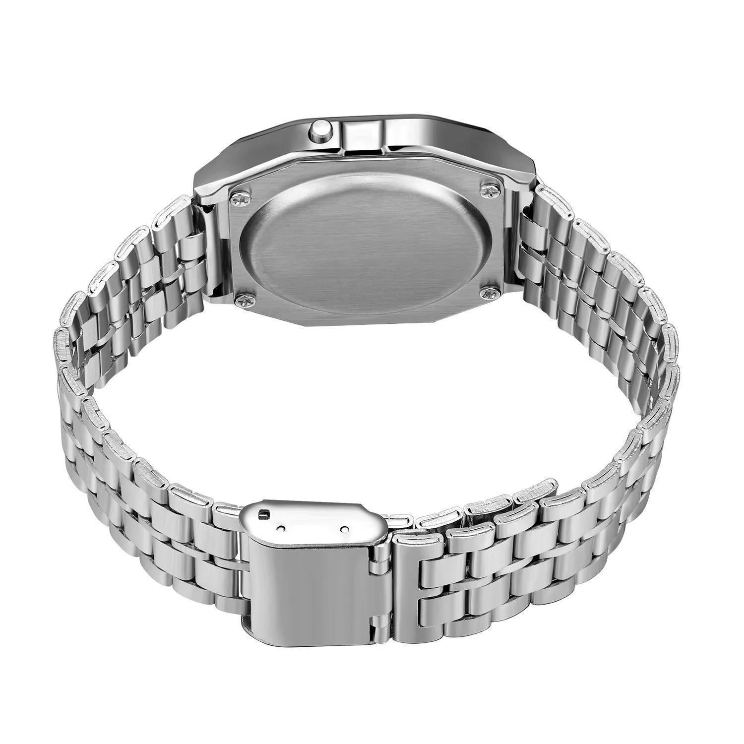 WR F91W steel band electronic watch with square dial and number display on stainless steel strap