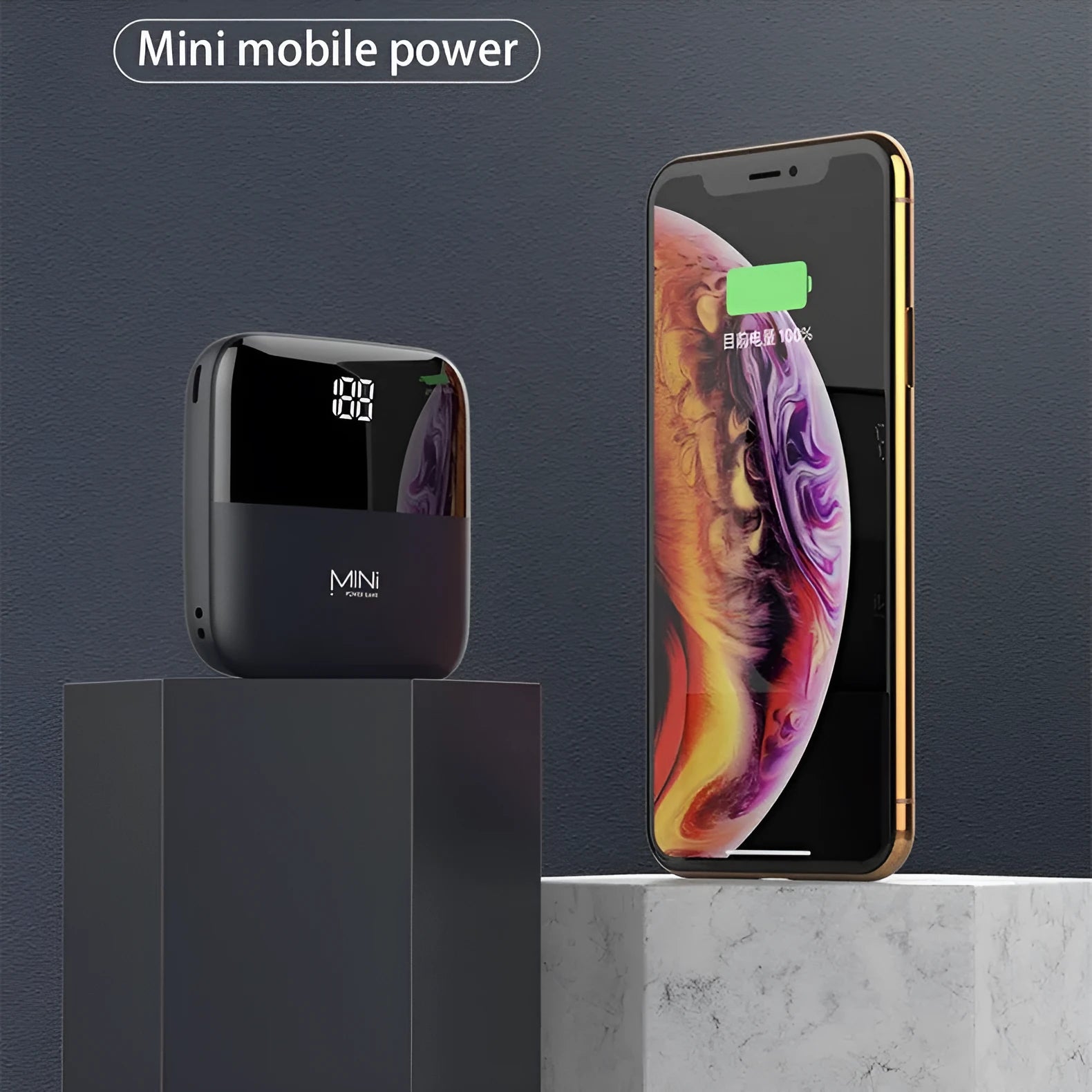 Android portable power bank with digital display showing battery level