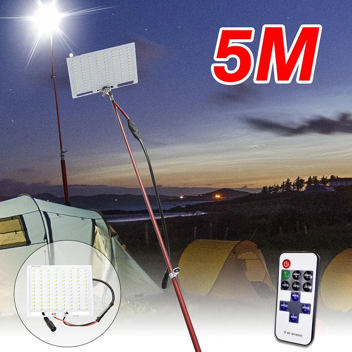LED fishing rod light unit mounted on telescopic pole with remote control for outdoor lighting