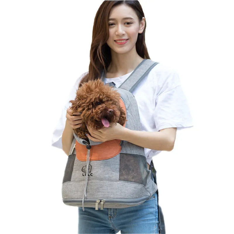 Blue M code dog cat carrier backpack with breathable mesh, open top, and side zips on polyester fabric
