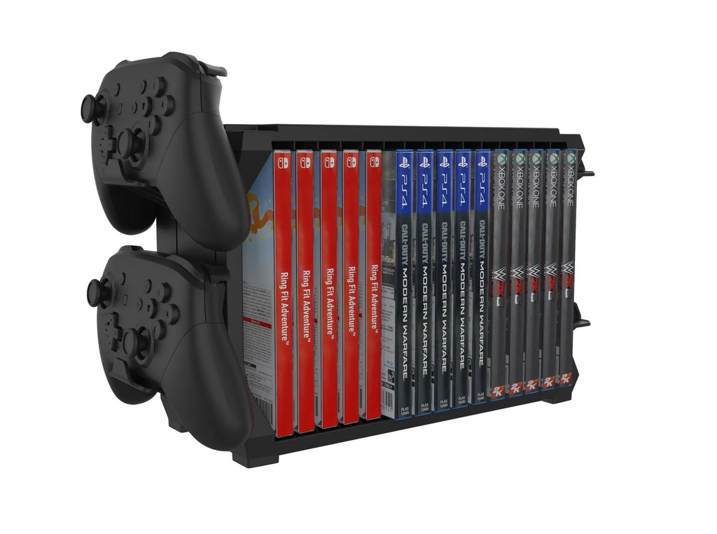 Black PS5 disc holder and controller stand showing game cartridge slots and spaces for four controllers