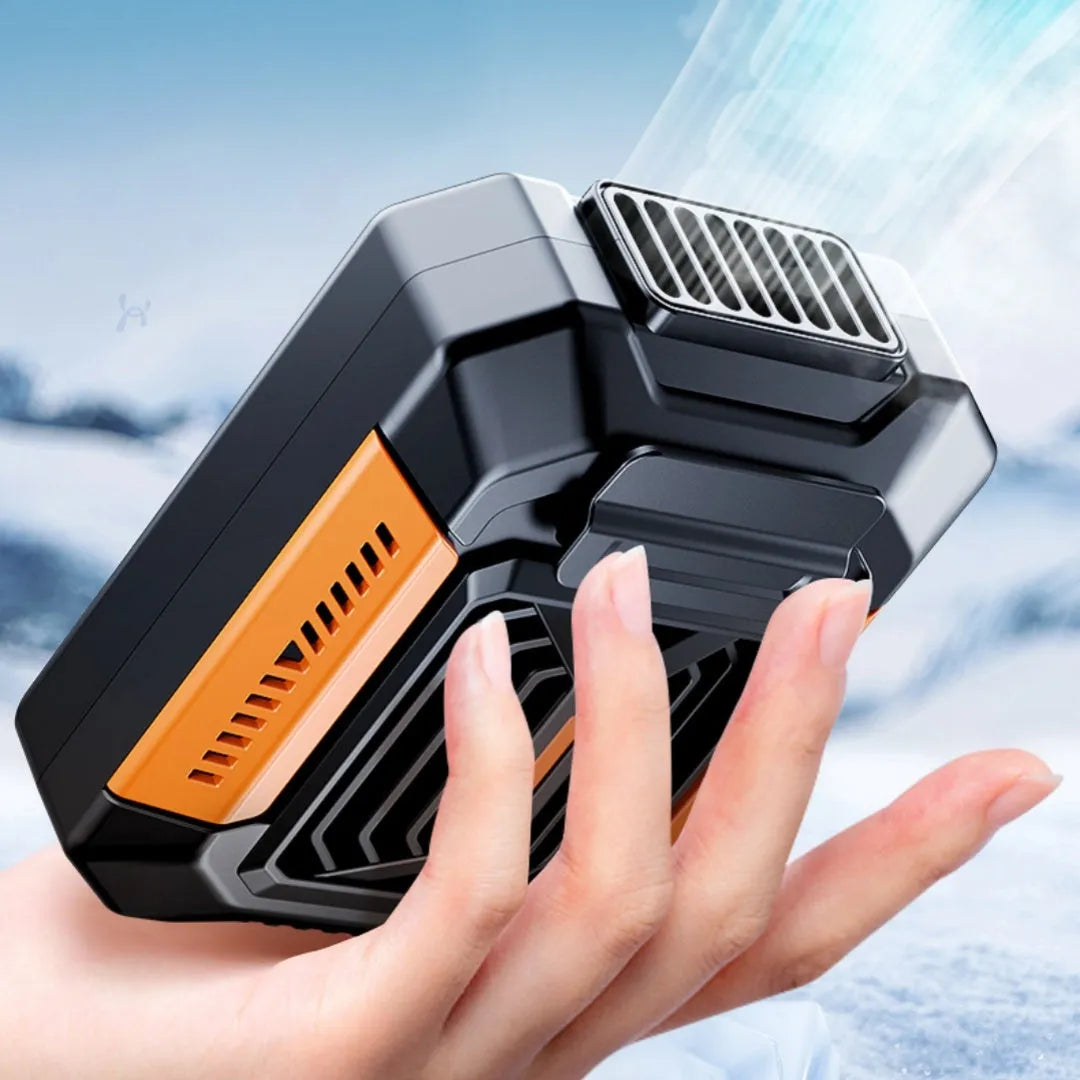 Green USB charging handheld fan with brushless motor, three speed settings, and lighting function on a desktop