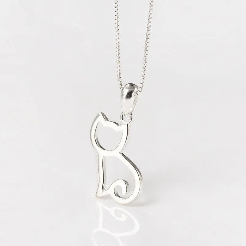 Korean sweet cat necklace simple pendant in sterling silver on model