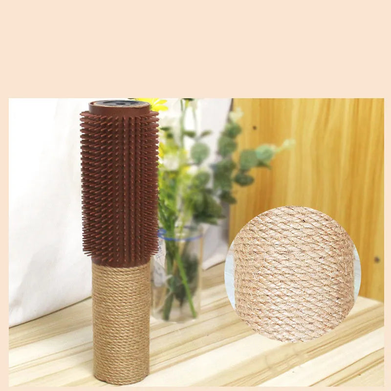 Brown sisal cat scratching post with face scratching device and toy attachment measuring 30cm tall