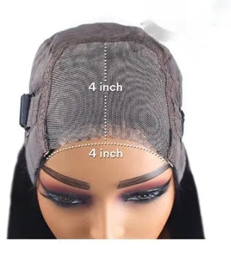 Long straight human hair glueless wig with side bangs, shown in natural colour.