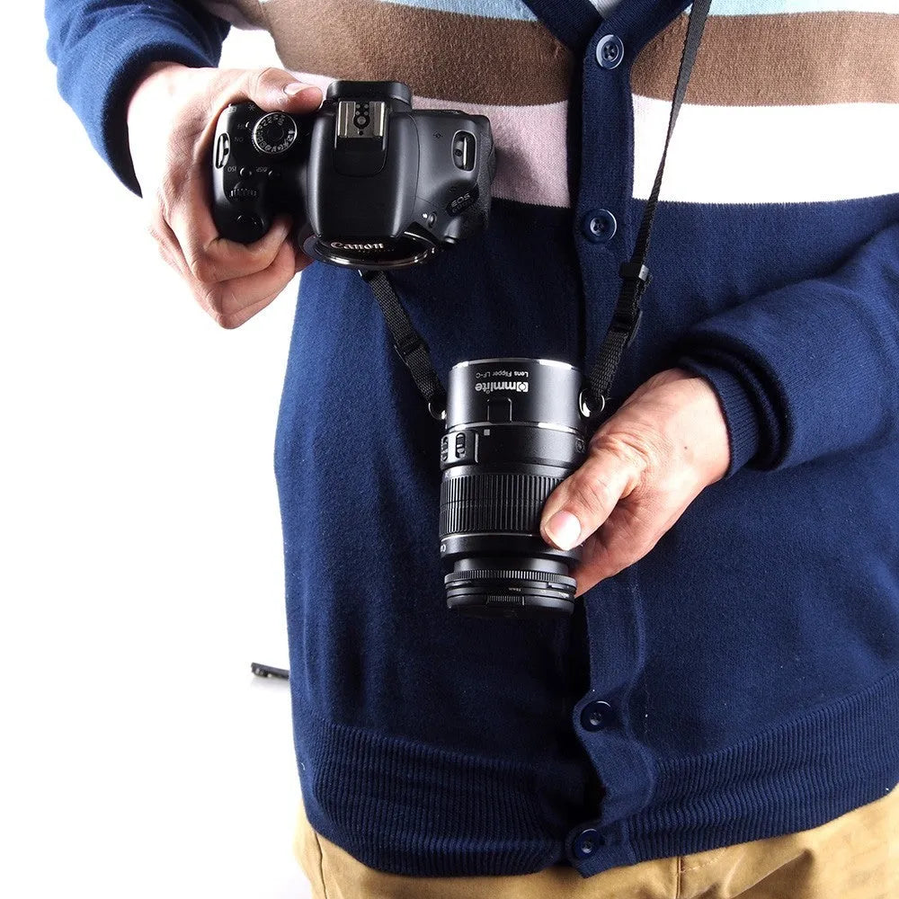 Aluminium alloy Nikon E-mount lens flipper dual holder with cotton shoulder strap for quick lens switching