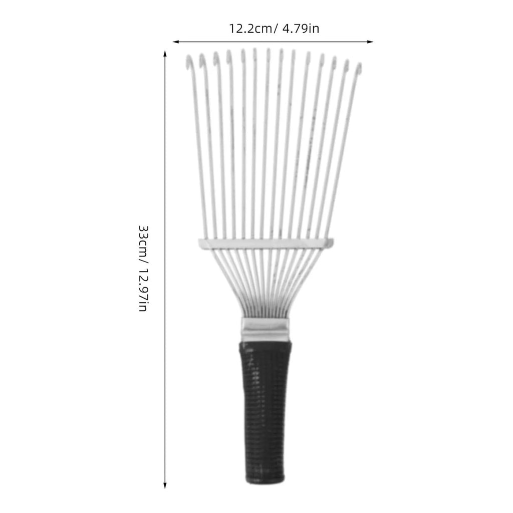 Stainless steel dematting brush rake comb for grooming horses and dogs on a wooden surface