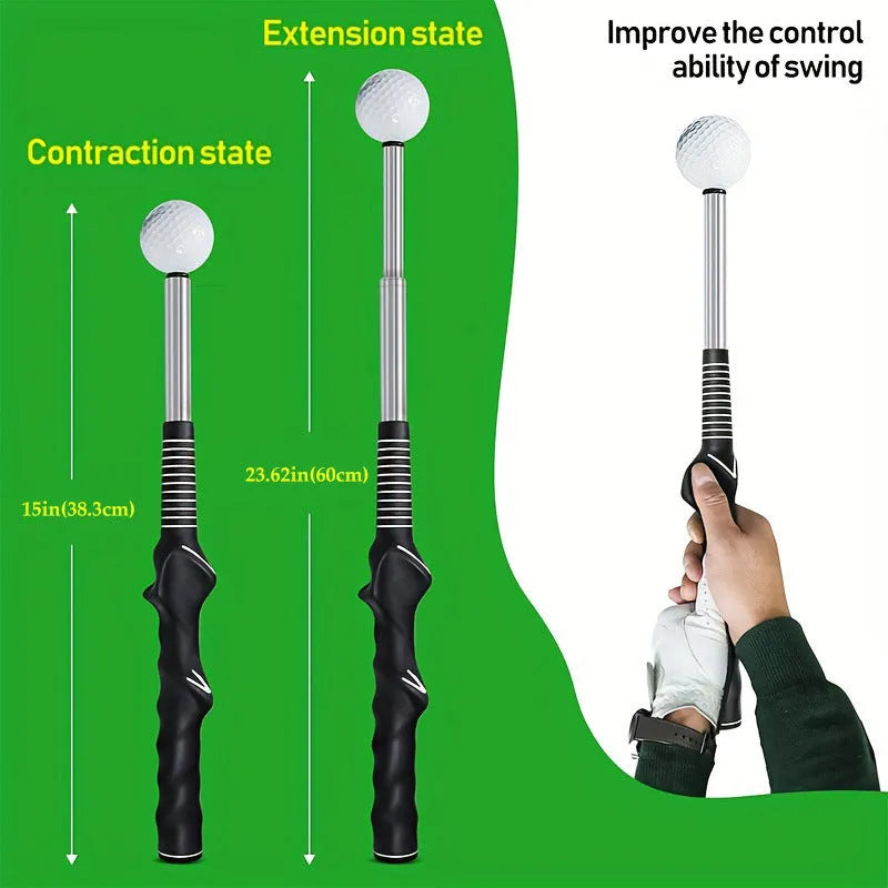Telescopic stainless steel golf swing trainer shown in black, blue, and red colour options