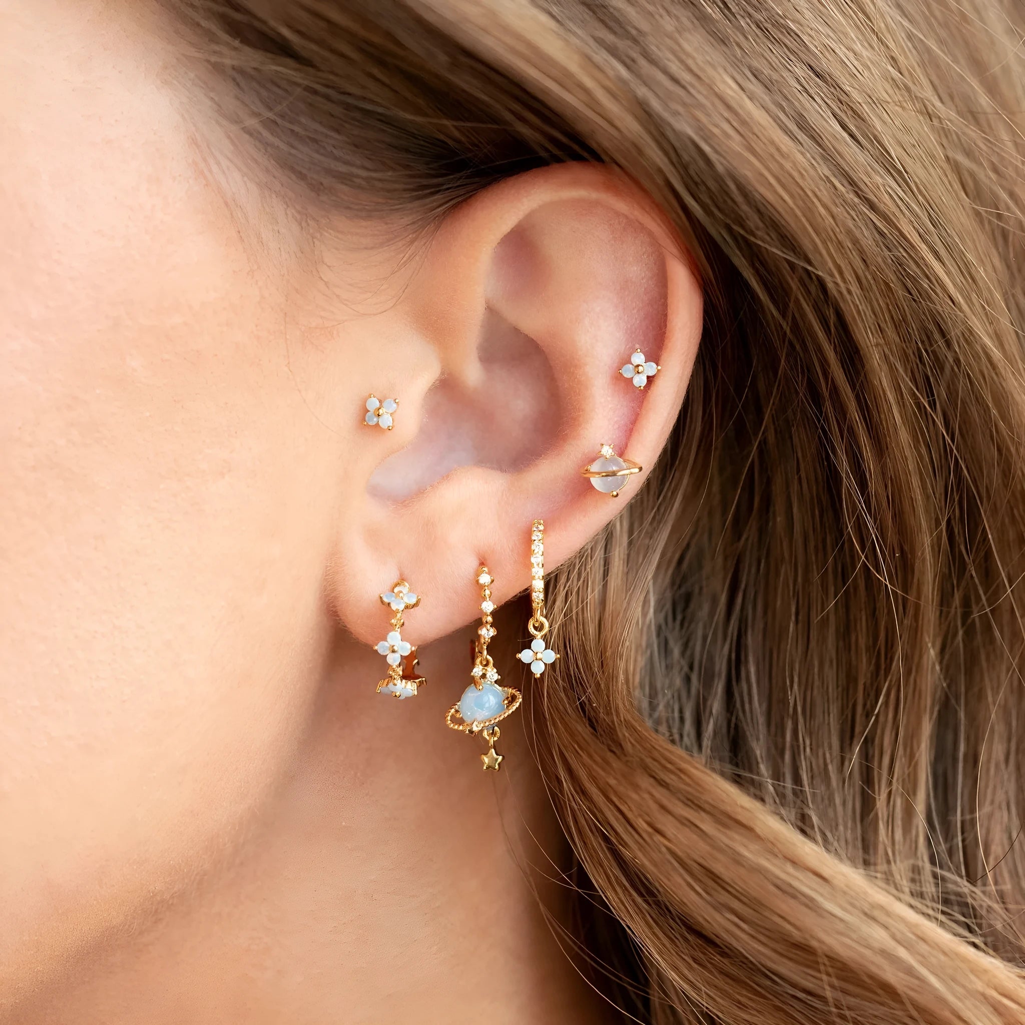 Japanese Korean style floral ear studs with zircon mosaic design in gold and silver colour options