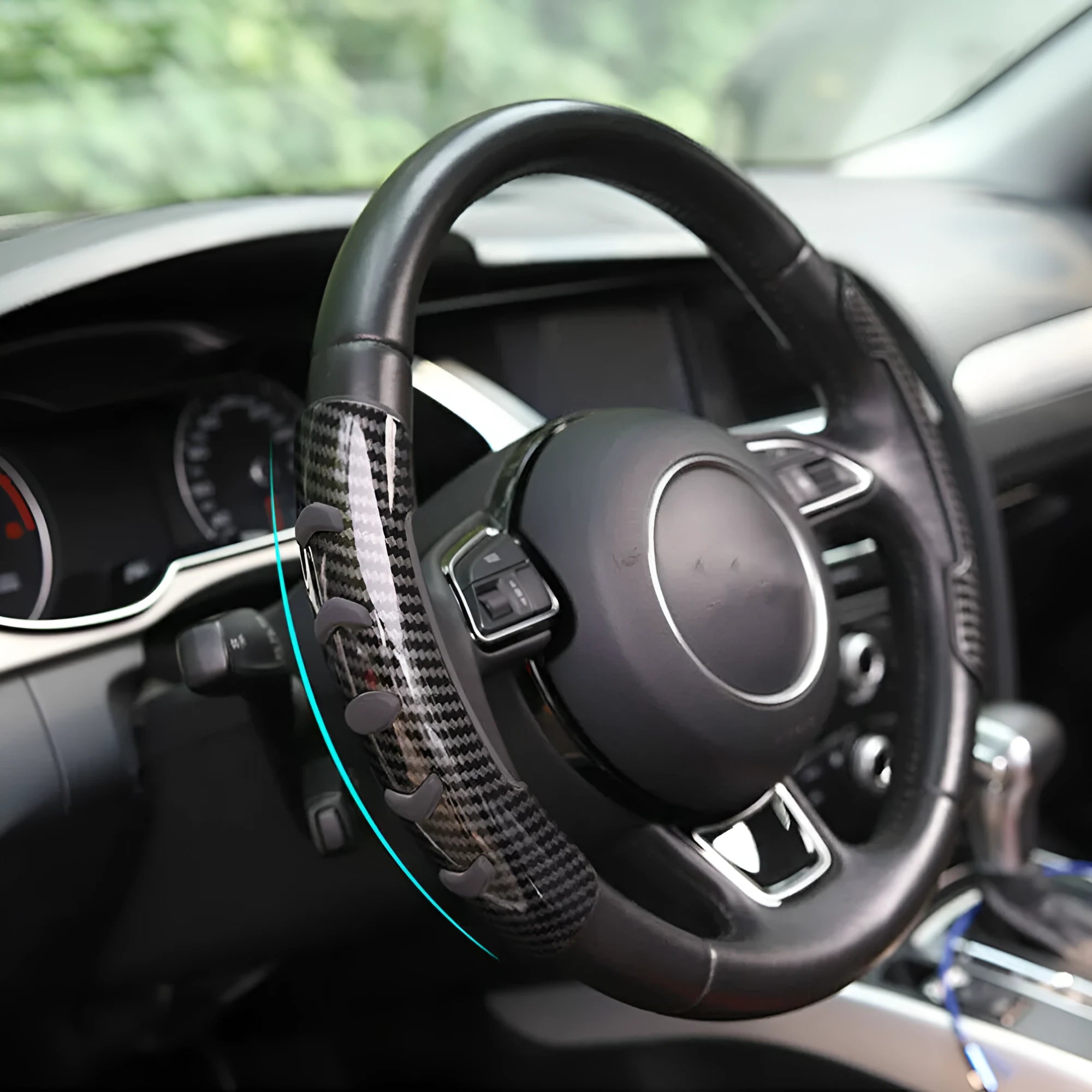 Carbon fibre black fibre steering wheel anti-slip sleeve showing 38cm diameter
