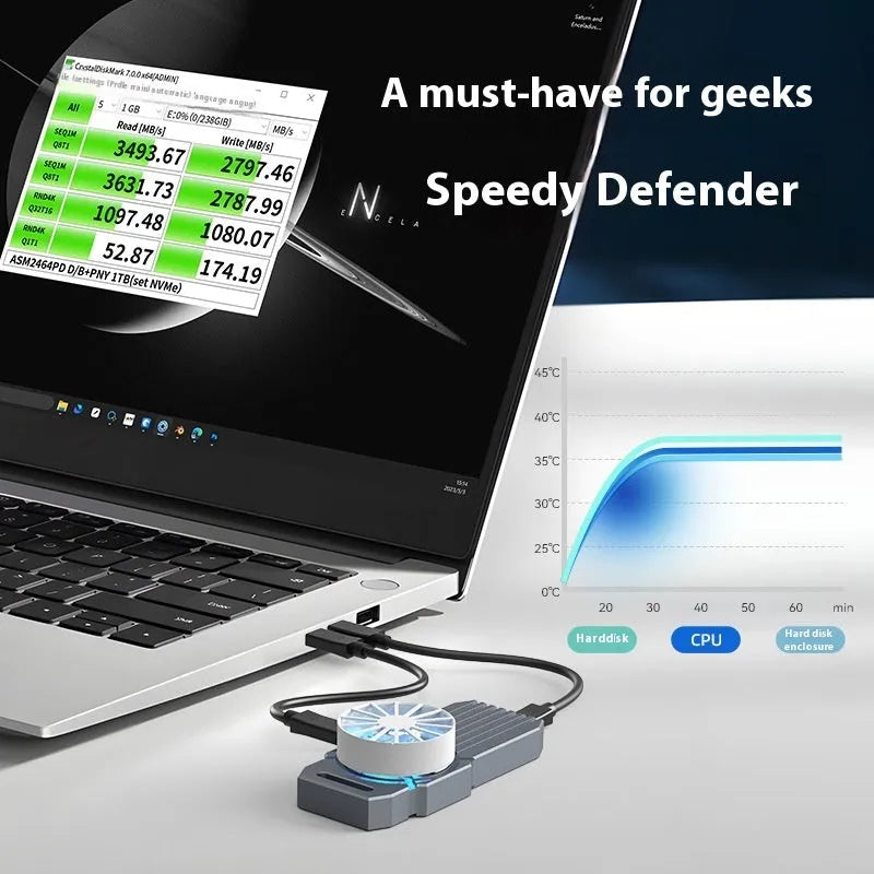 USB4 aluminium alloy external hard disk enclosure for NVMe M2 SSD measuring 50mm x 118mm x 13mm