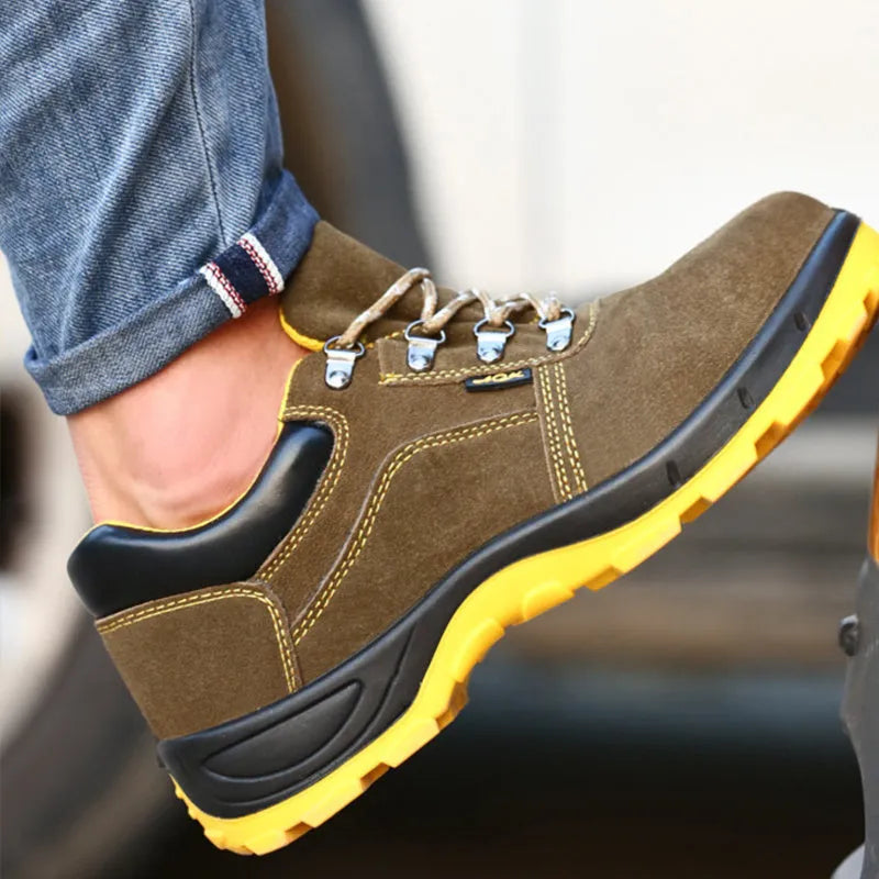 Bronze cow suede leather steel toe safety boots with solid non-slip sole