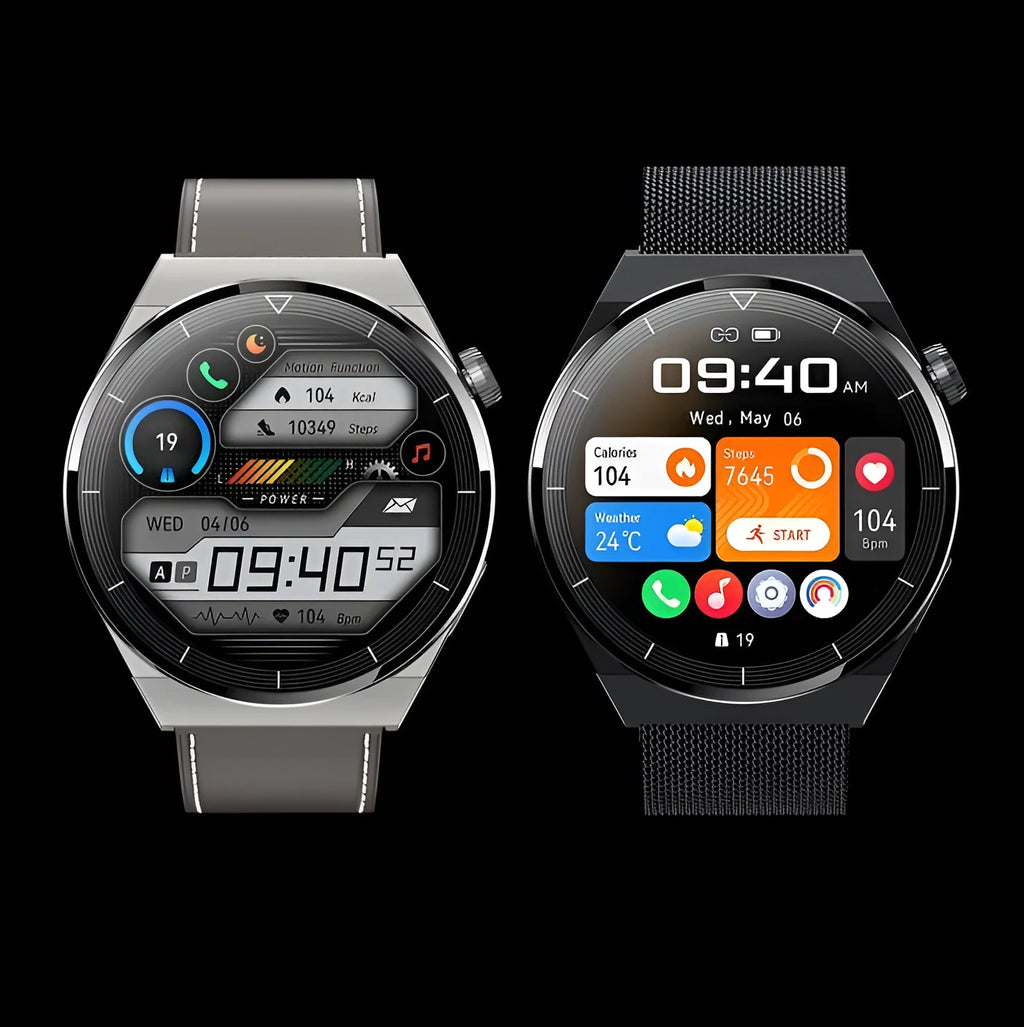 Round Android smart watch with black silicone strap showing NFC and Bluetooth calling features on its screen.