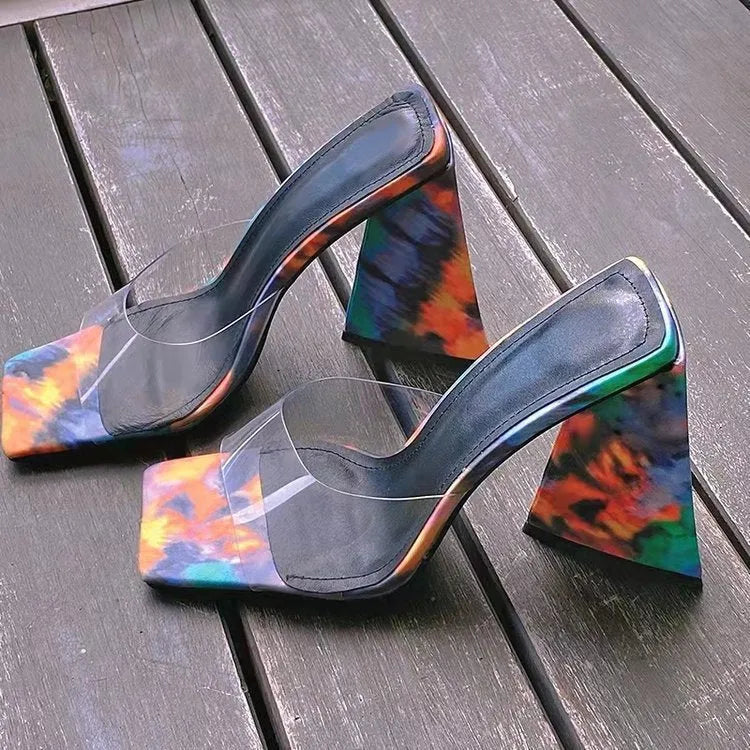 Women's square toe slippers with triangle thick heel in black, rose red, or orange colours