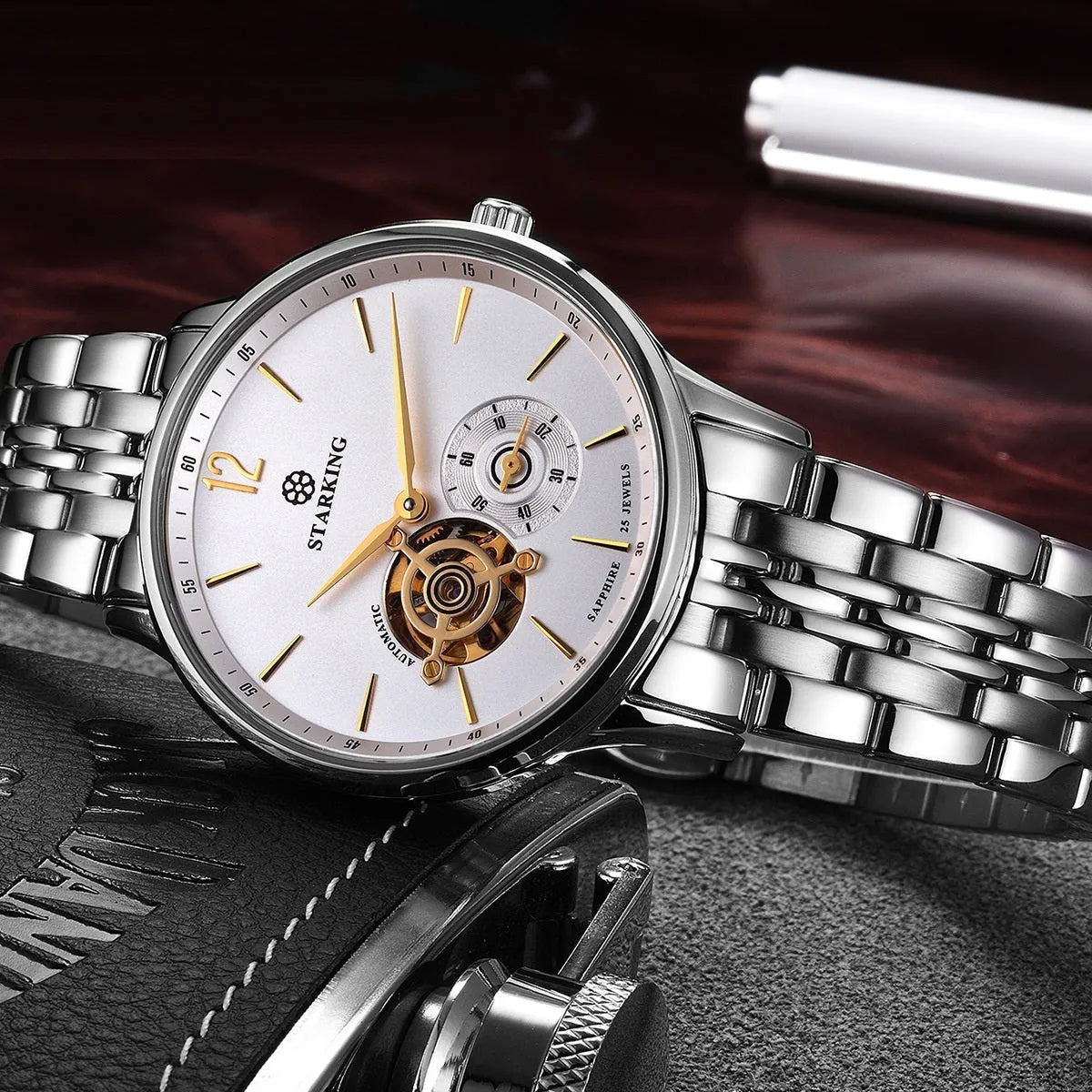 Automatic mechanical men's business watch with white dial, brown leather strap, and stainless steel case.