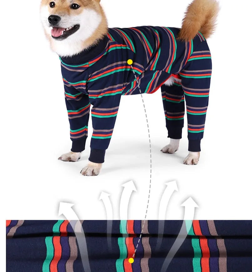 Grey fully enclosed high elastic four-legged cotton dog pajamas on a small dog