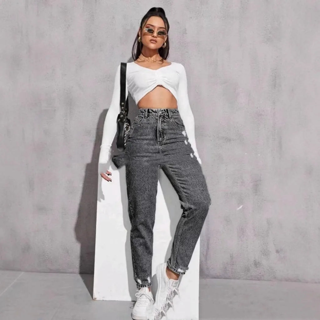 Women's casual ripped washed skinny jeans nine-part calf length high waist denim cotton blend medium stretch light blue