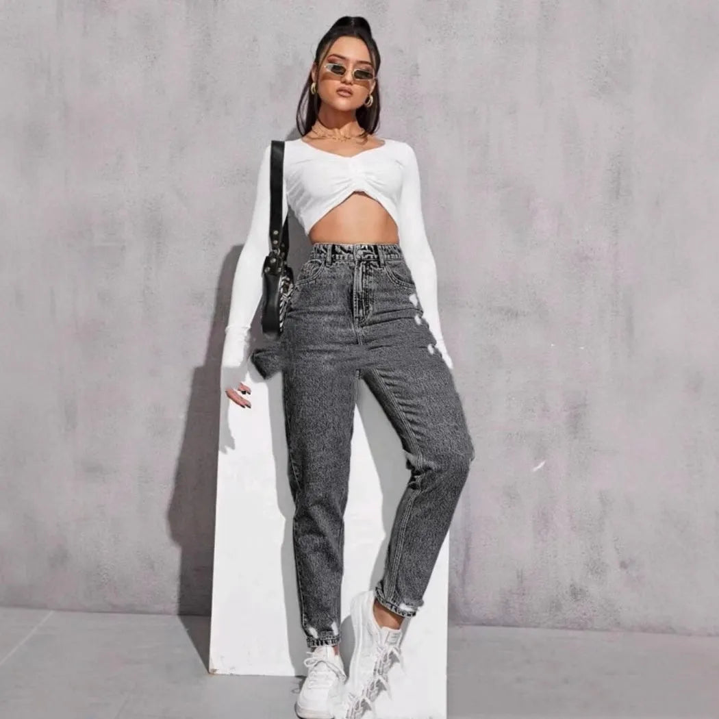 Women's casual ripped washed skinny jeans nine-part calf length high waist denim cotton blend medium stretch light blue