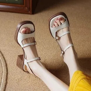 Women's beige open-toe square toe platform sandals with a chunky rubber sole