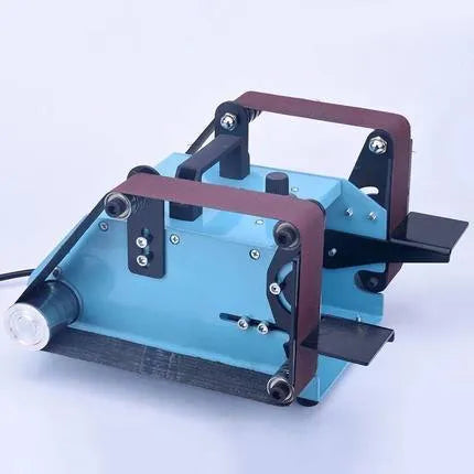 Blue desktop dual-axis belt sander with 750W motor and variable speed control