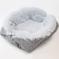 Grey pet warm pad with long plush hair and black non-slip bottom for cats and dogs