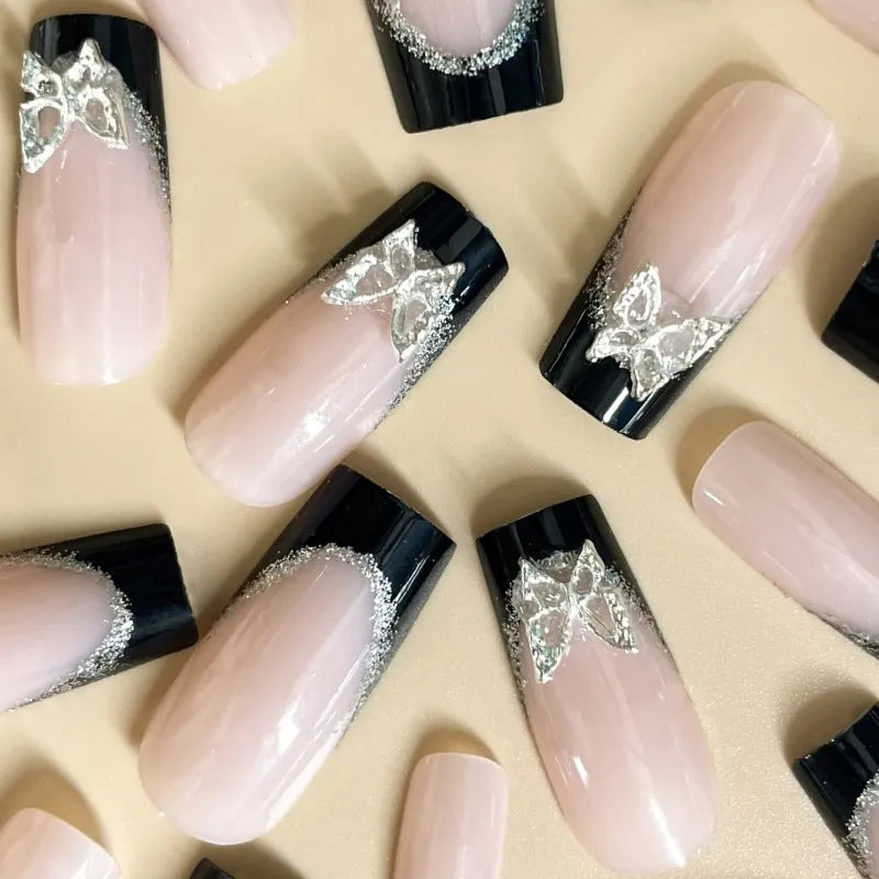 Black French style thin glittering butterfly pattern artificial nail armour set in medium wearable size