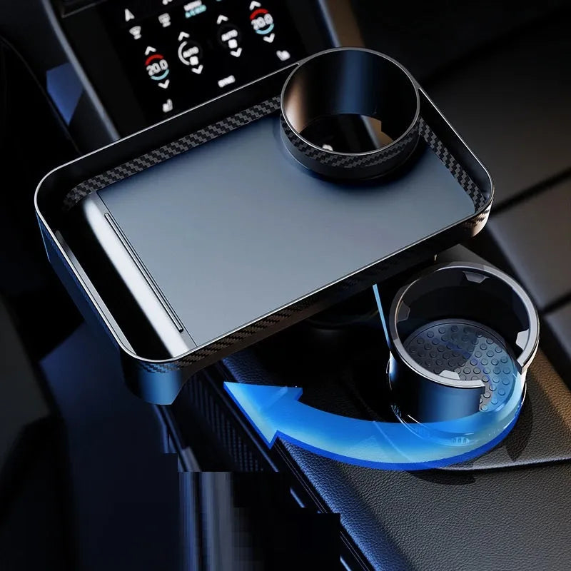 Black ABS plastic car cup holder dinner tray shown rotating, with plate secured.