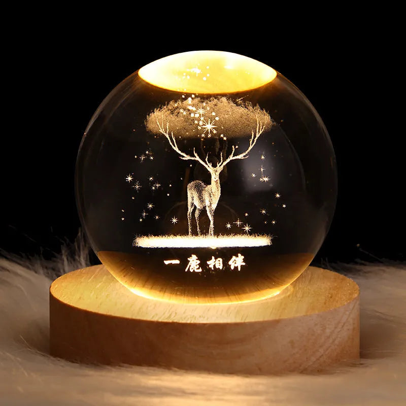 3D crystal ball night lamp with starry sky planets and moon projection on wooden base