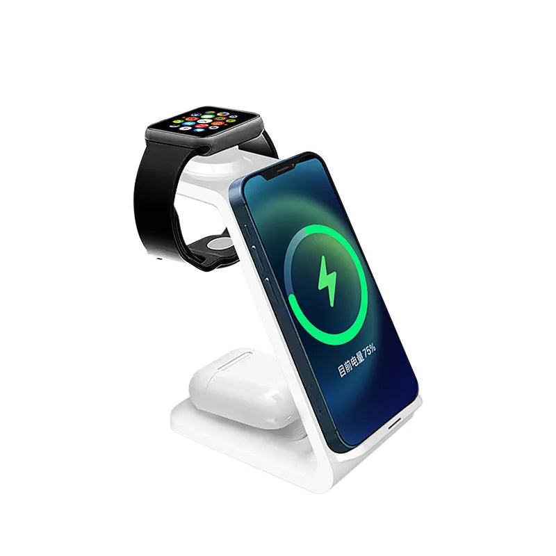 White upright wireless phone charger stand with dual coil technology and Type-C cable