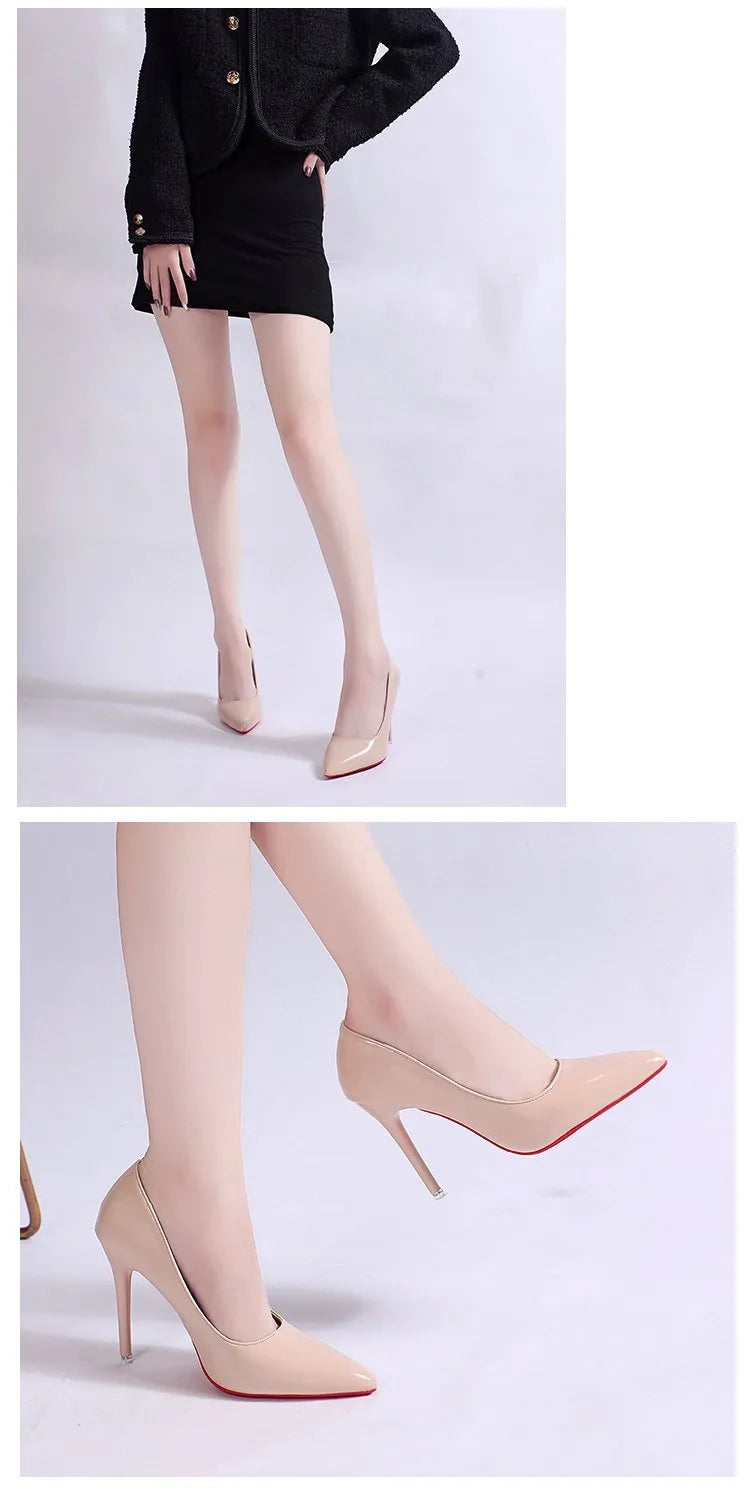 Women's black stiletto heel pumps with pointed toe and shallow mouth design on white background