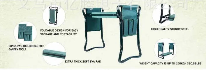 Foldable green garden kneeling bench with metal frame and two side pouches on lawn