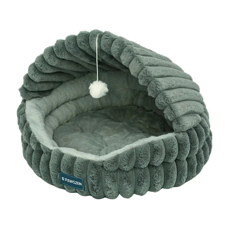 Large warm cat nest pet bed in gray shell design, 50cm diameter cloth material