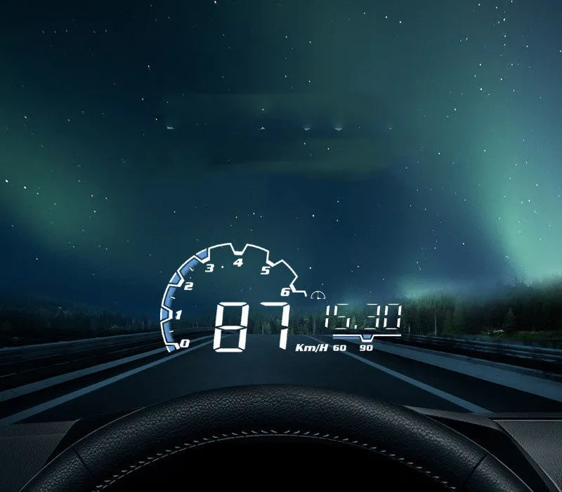 Car head-up display with 5.0-inch LED screen, OBDII compatible, black PC+ABS housing, 128x63x12mm size