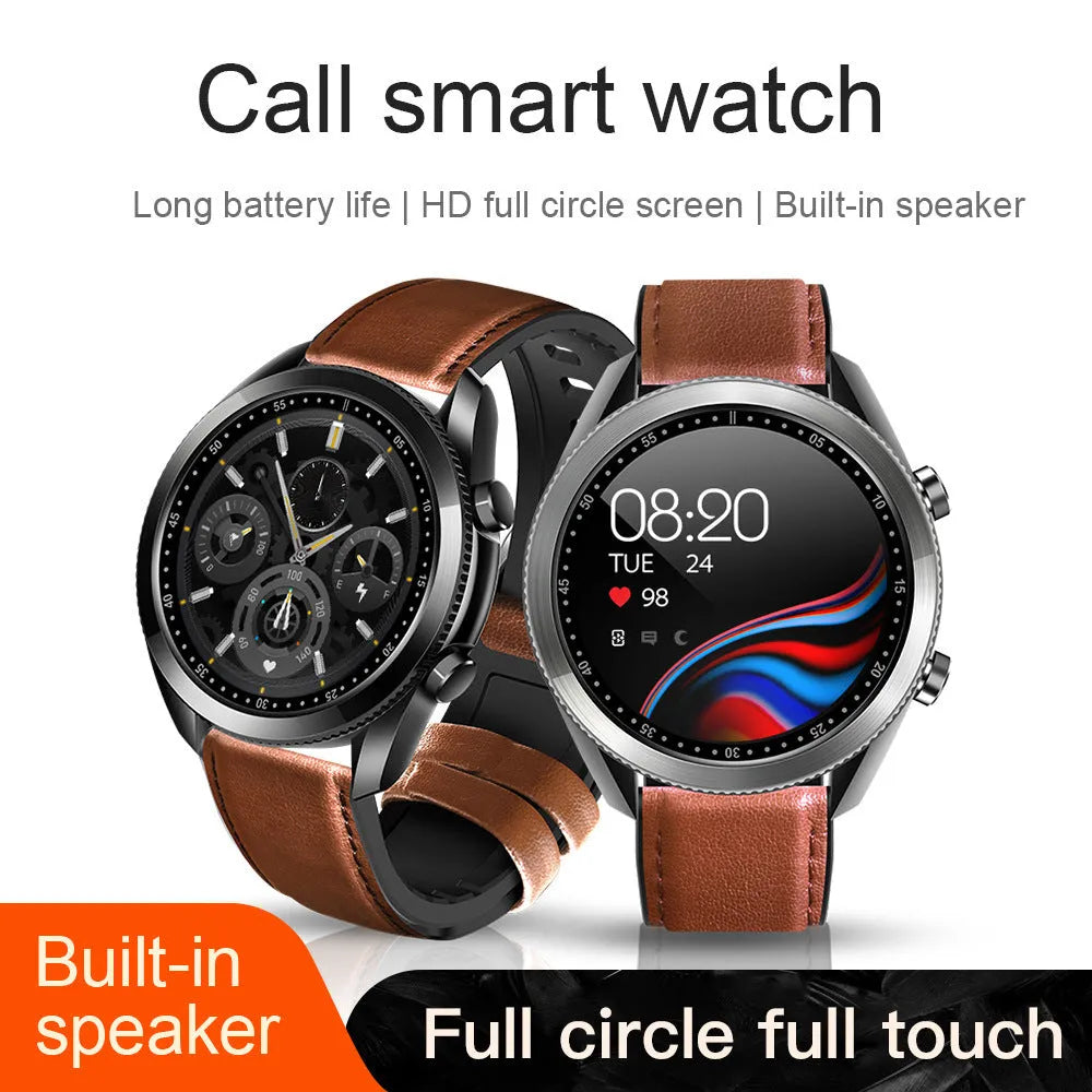 UM90 black metal smart watch with leather strap showing large screen displaying heart rate and call functions.