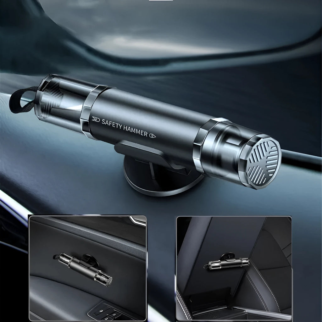 Black and red car emergency window breaker and seat belt cutter tool with mounting bracket on a grey background.