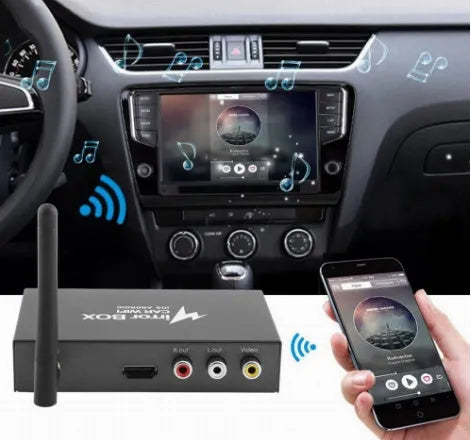Black car mirror link box Wi-Fi converter with antenna, power cable and AV cable for streaming phone to car screen.