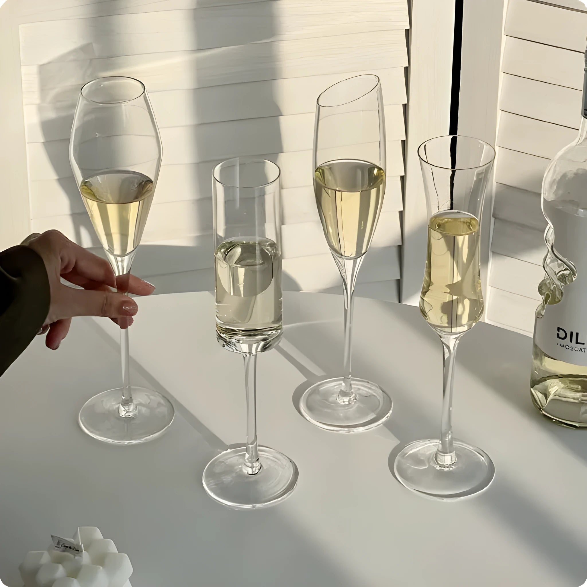 French champagne glasses showing six crystal designs with goblet silhouettes