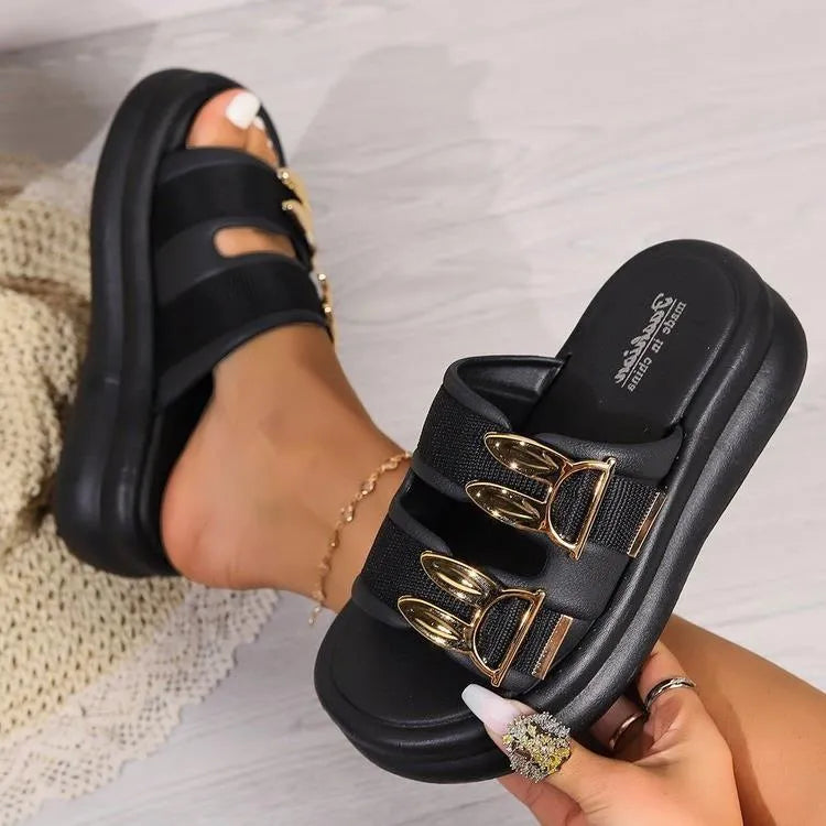 Women's suede slippers with thick rubber soles in apricot, black and milky white colours