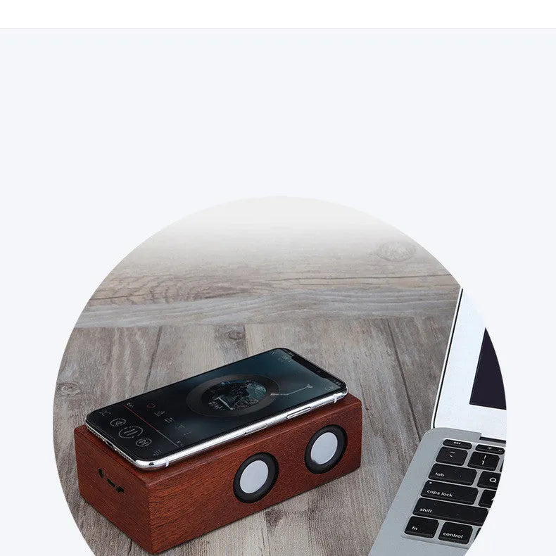 Retro wooden Bluetooth speaker in bamboo, black walnut or sapele wood finish showing USB port