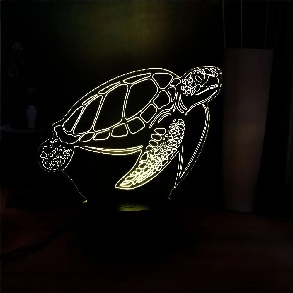 3D turtle-shaped LED night light with remote control showing sixteen colour options, made from translucent acrylic material
