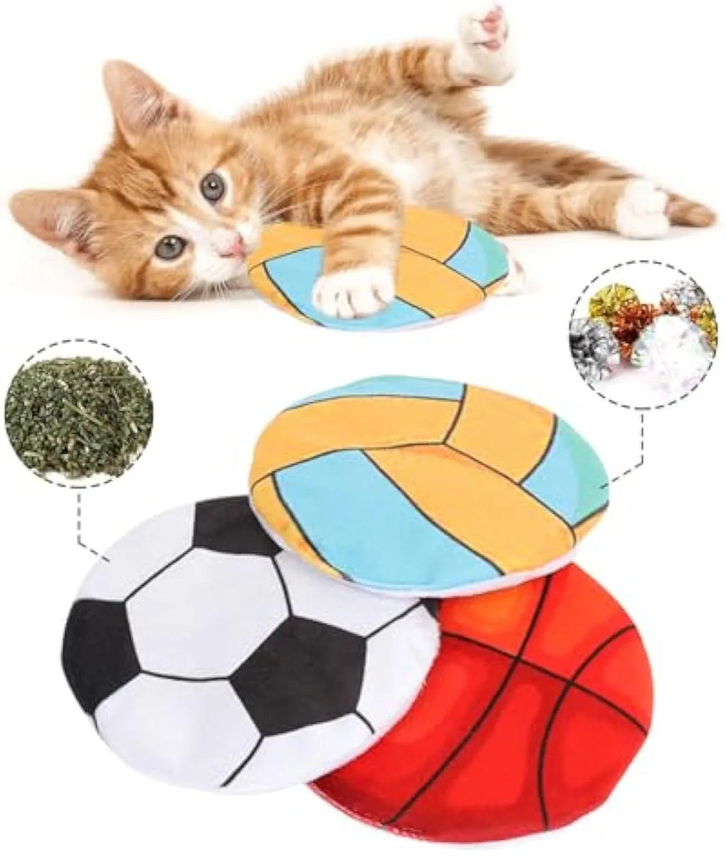 Plush flying disc cat toy with catnip and mylar crinkle for indoor kittens and adult cats