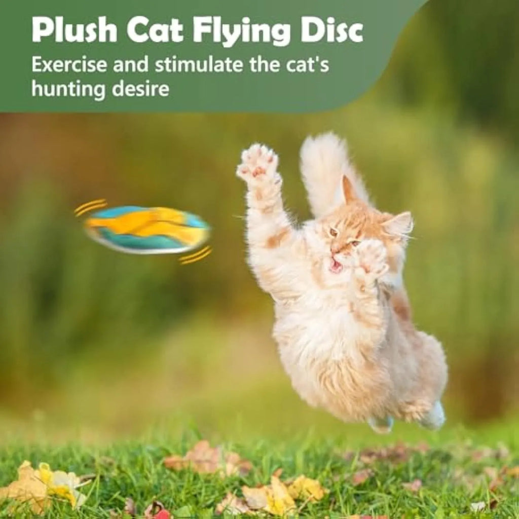 Plush flying disc cat toy with catnip and mylar crinkle for indoor kittens and adult cats