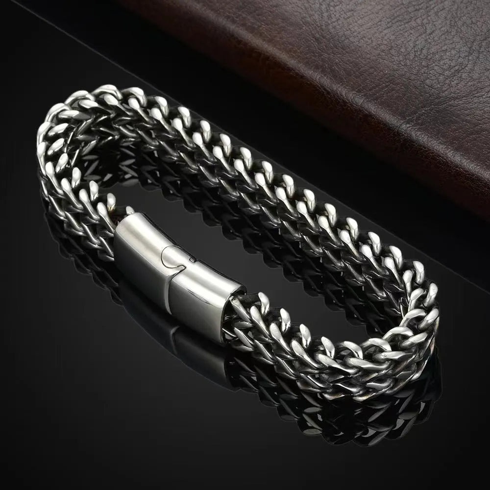 Men's silver stainless steel geometric bracelet with 4x8mm or 5x10mm bead options