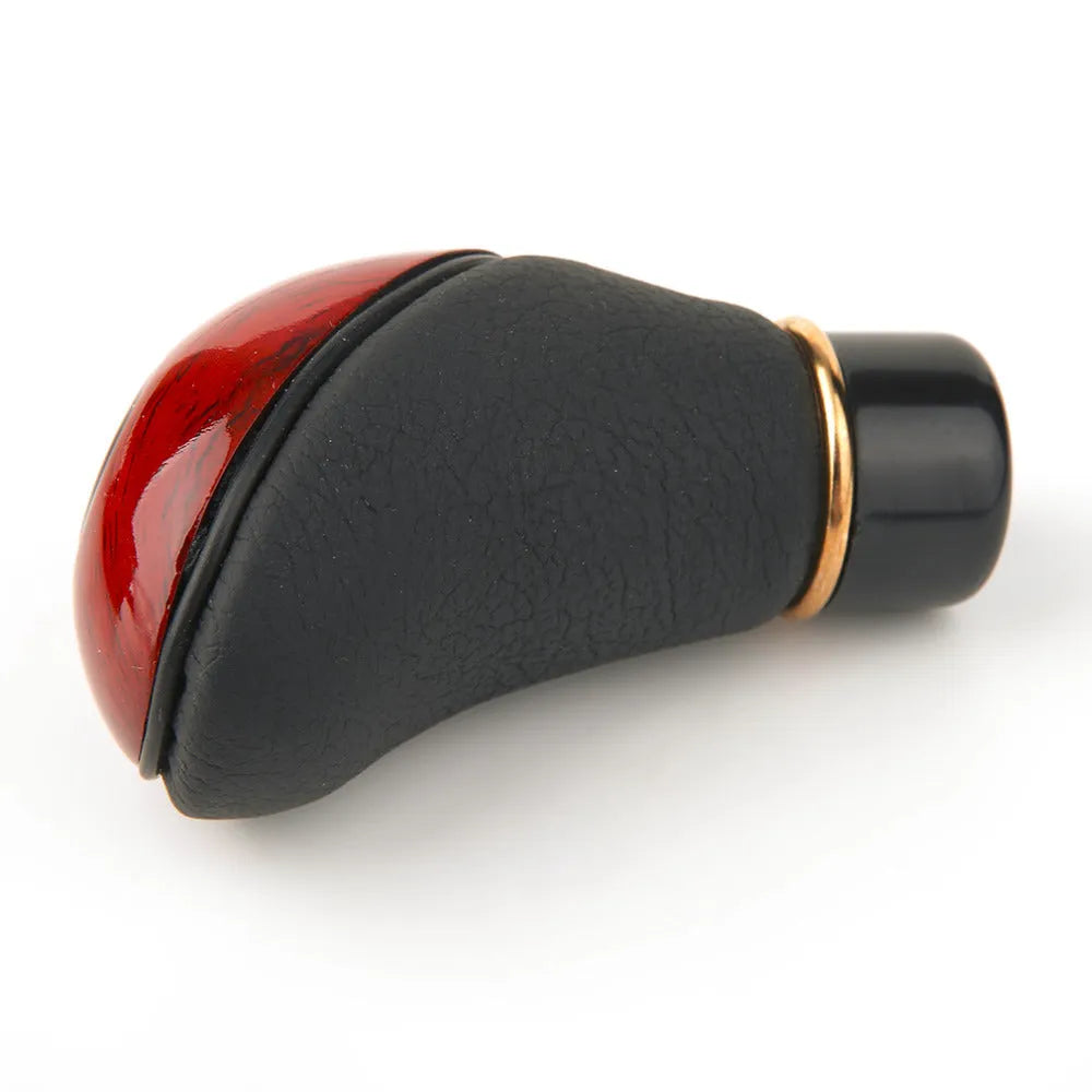 PU leather manual gearshift cover in black with imitation mahogany detailing on a round gearstick