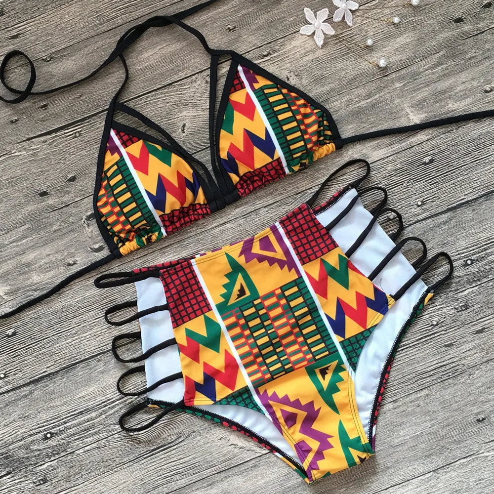 Women's digital print split bikini swimsuit with high-waisted briefs in chemical fibre blend fabric