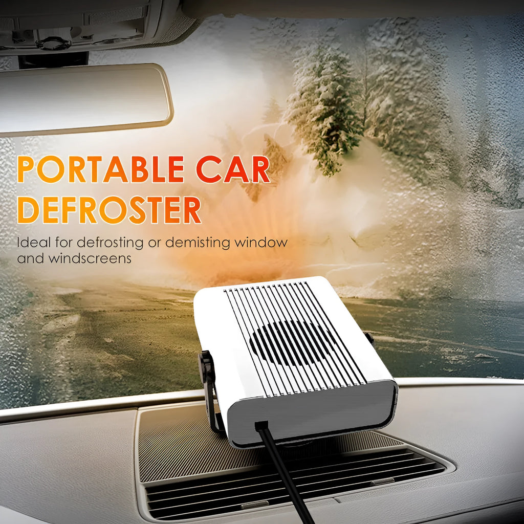 Universal 12V 24V car defrost heater in black ABS with 360-degree rotating holder and handle