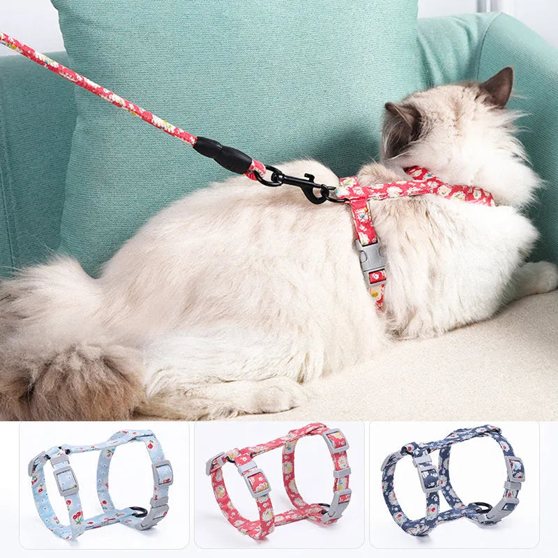 Cat I-shaped chest harness in black with metal buckle and 150cm cotton rope