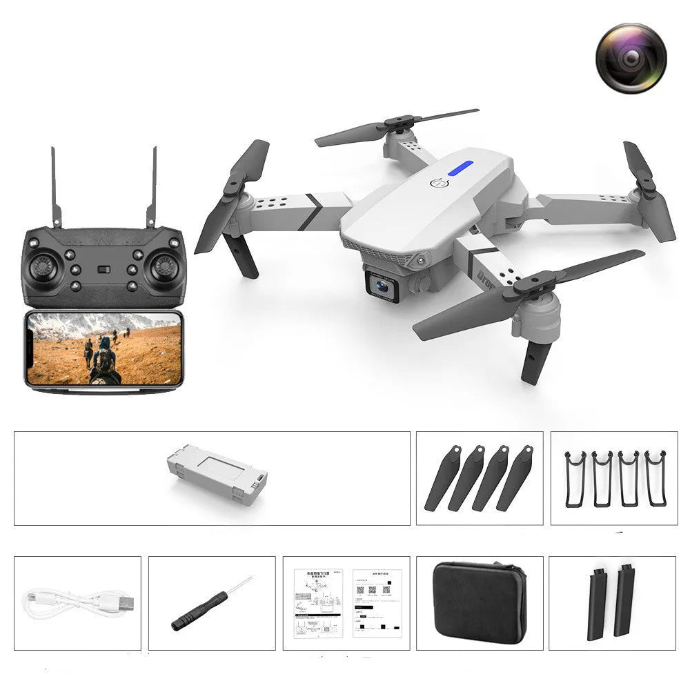 LSRC LS-E525 foldable 4K dual camera quadcopter drone with black and white body, arms folded