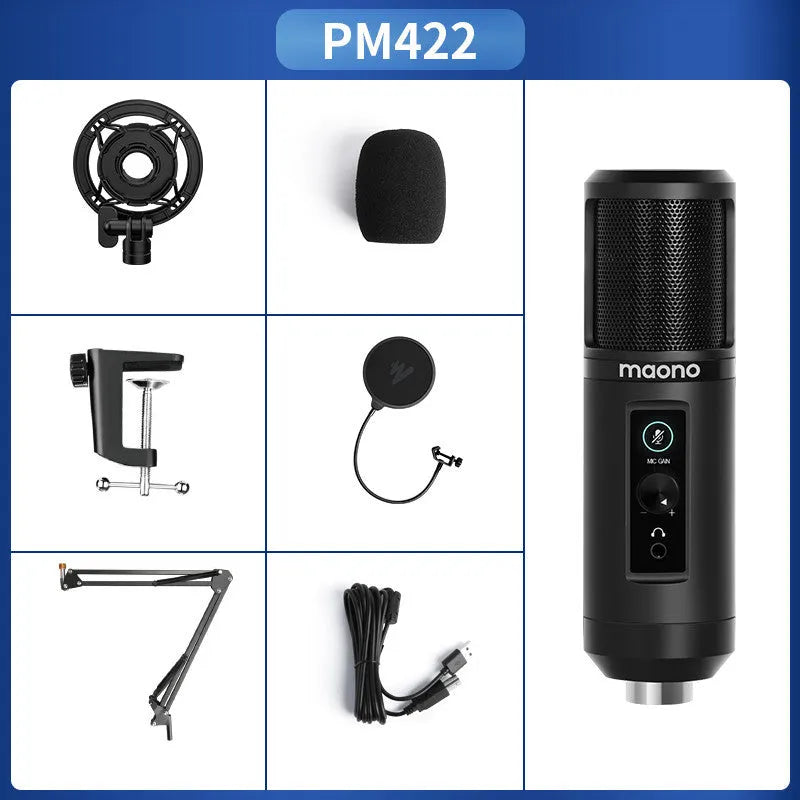 PM422 USB condenser microphone with cardioid heart shape, shockproof frame, and cantilever arm for desktop computer recording